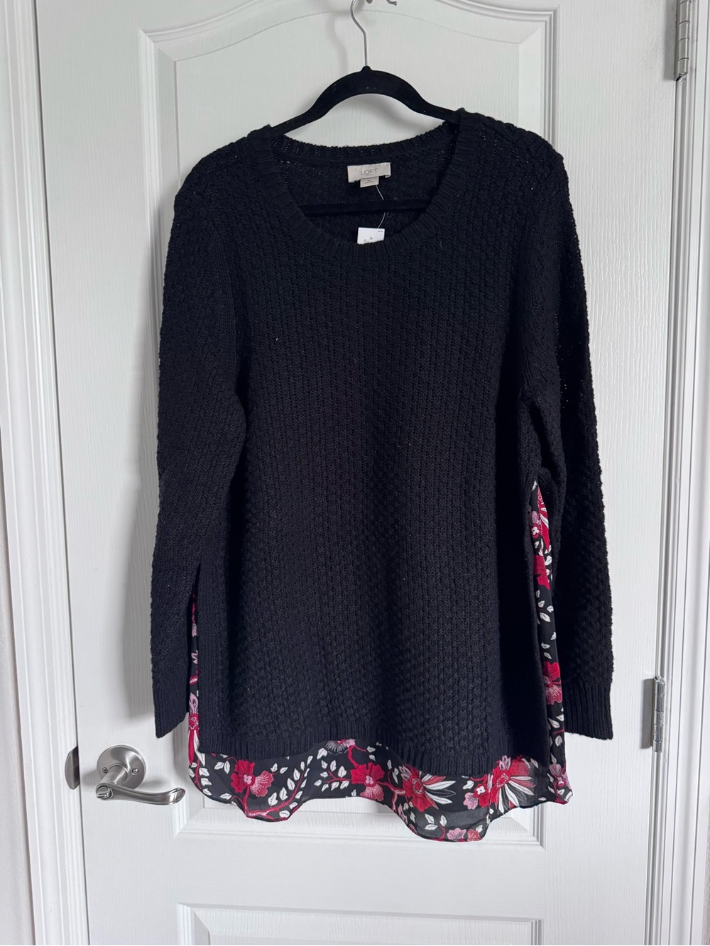 LOFT Black Knit Sweater with Red Floral Hem